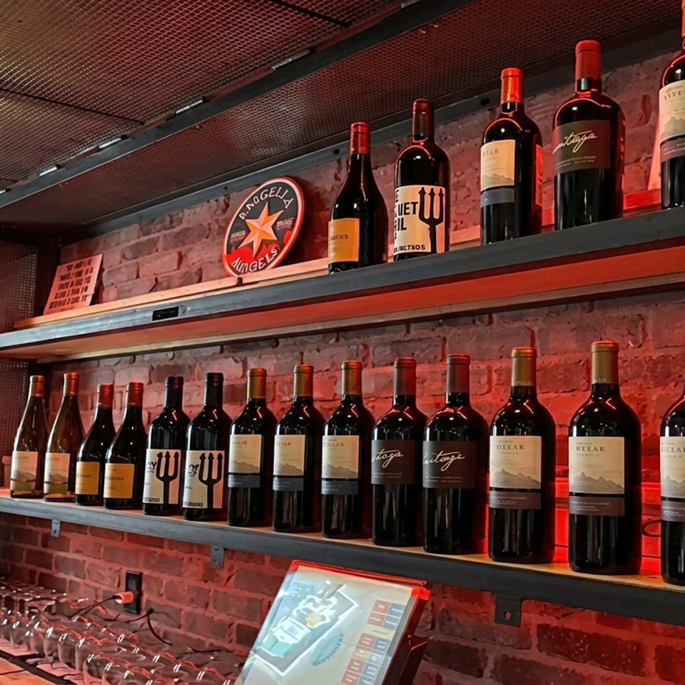 Shelves display rows of wine bottles against a red brick wall, with a point-of-sale terminal and wine glasses below.