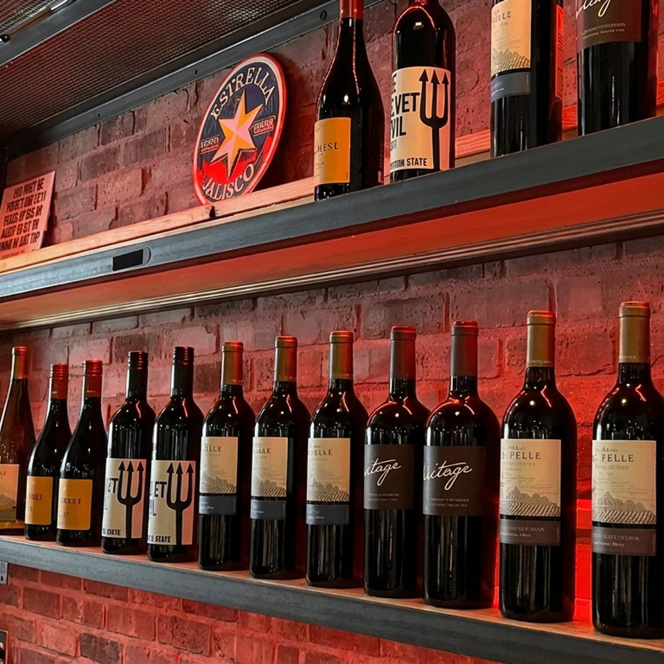 Shelves display rows of wine bottles against a red brick wall, with a circular Cisco Brewers sign and glasses nearby.